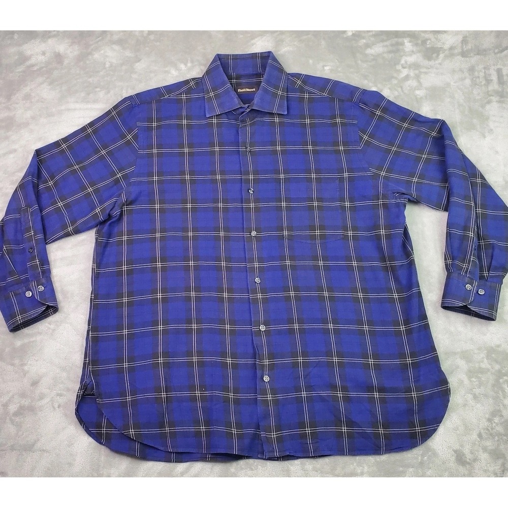 Paul Stuart Button Down Shirt Men's Extra Large Purple Plaid Cotton Long Sleeve